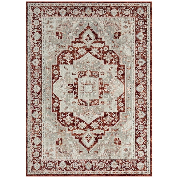 Everwash Treasure Rubia Indoor Traditional Medallion Machine Washable Area Rug, Ivory/Red, 6'6"x9'2"
