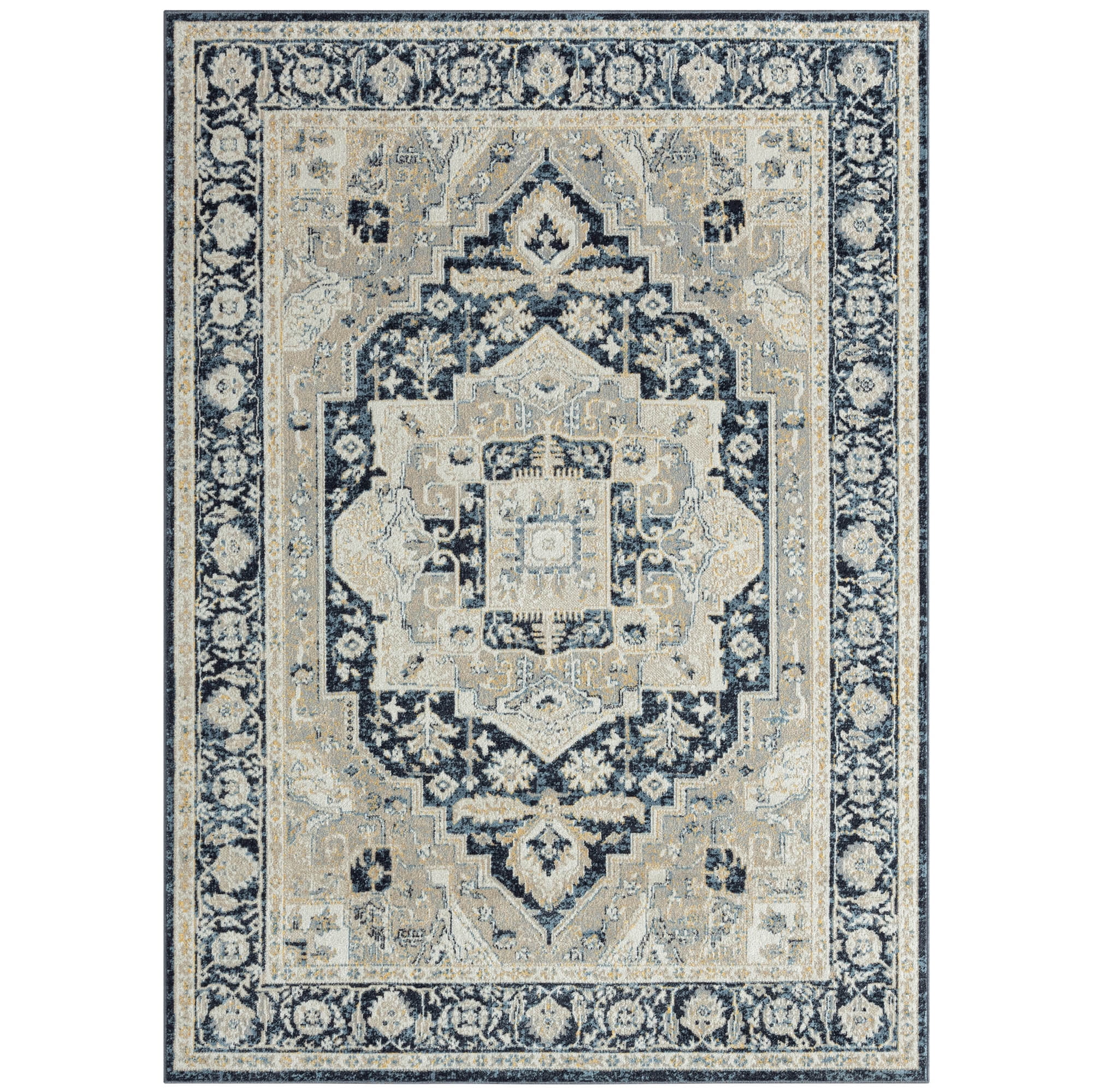 Everwash Treasure Rubia Traditional Medallion Machine Washable Indoor Area Rug, Ivory/Navy Blue, 6'6"x9'2"