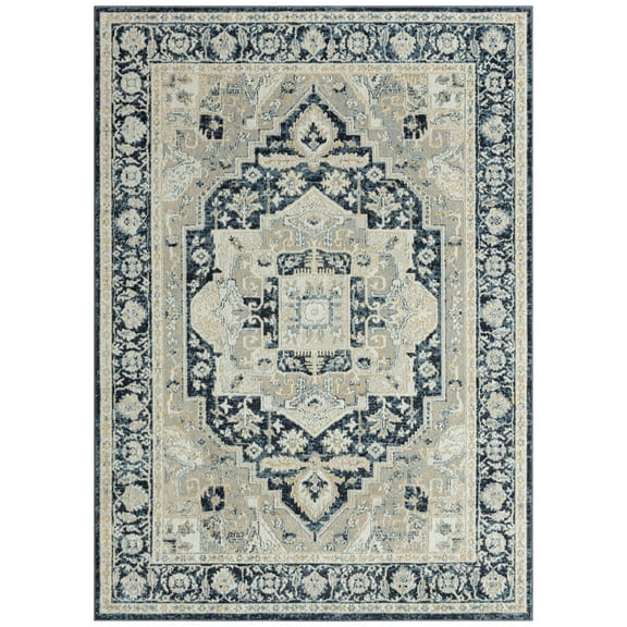 Everwash Treasure Rubia Traditional Medallion Machine Washable Indoor Area Rug, Ivory/Navy Blue, 6'6"x9'2"