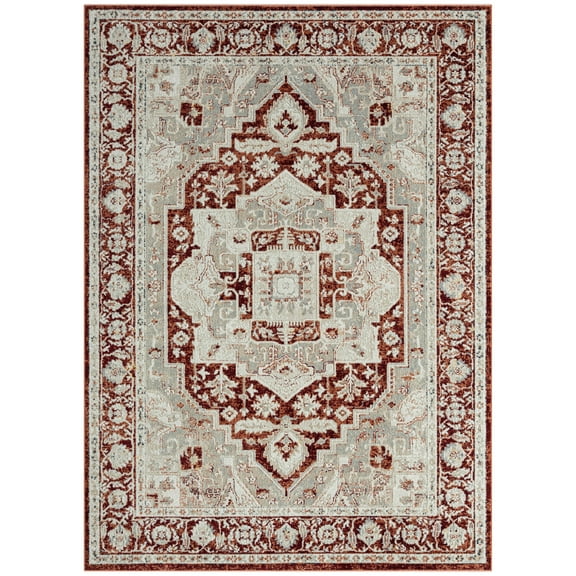 Everwash Treasure Rubia Traditional Medallion Machine Washable Indoor Area Rug, Ivory/Red, 5'2"x7'2"