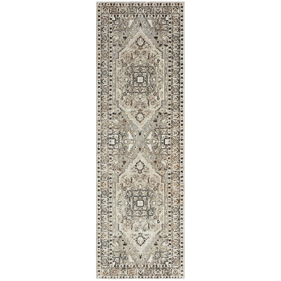 Everwash™ Treasure Rubia Traditional Medallion Machine Washable Runner Area Rug, Ivory/Beige, 2'2"x7'2"