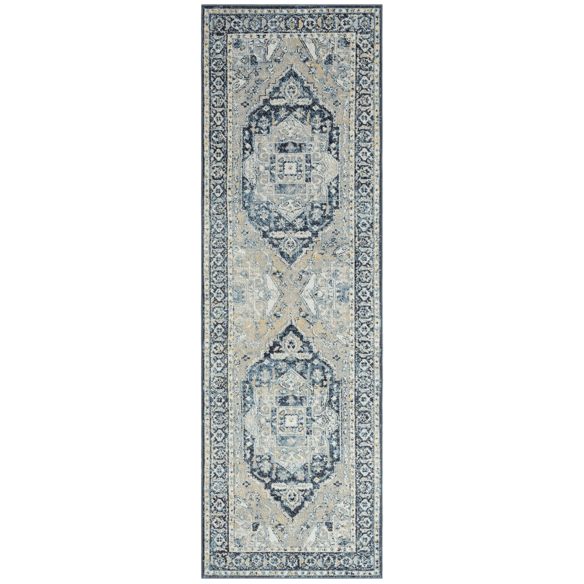 Everwash™ Treasure Rubia Traditional Medallion Machine Washable Runner Area Rug, Ivory/Navy Blue, 2'2"x7'2"