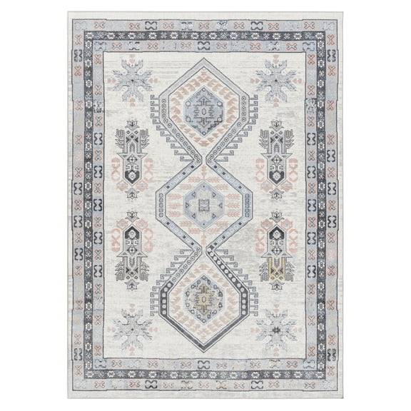 Everwash™ Treasure Saul Southwest Geometric Machine Washable Area Rug, Grey/Navy Blue, 6'6"x9'2"