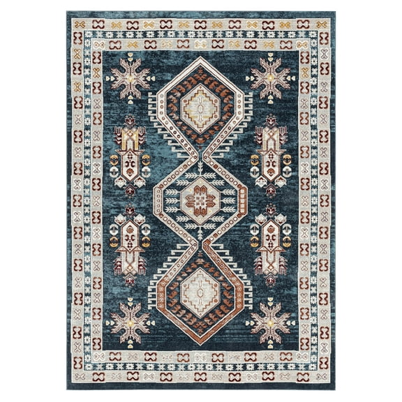 Everwash™ Treasure Saul Southwest Geometric Machine Washable Area Rug, Navy Blue/Red, 5'2"x7'2"