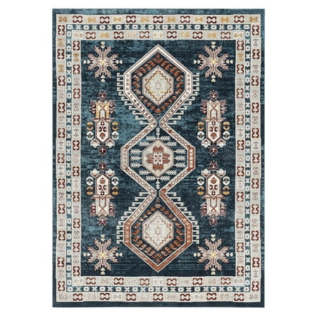 Everwash™ Treasure Saul Southwest Geometric Machine Washable Area Rug, Navy Blue/Red, 6'6"x9'2"
