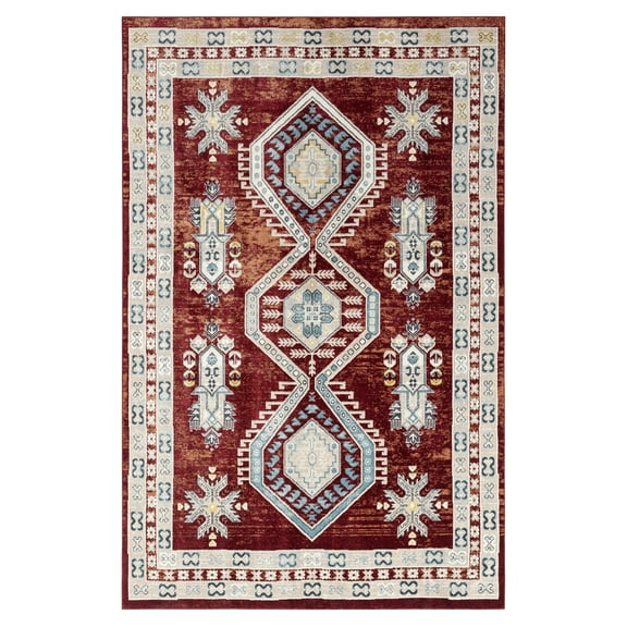 Everwash™ Treasure Saul Southwest Geometric Machine Washable Area Rug, Red/Navy Blue, 5'2"x7'2"