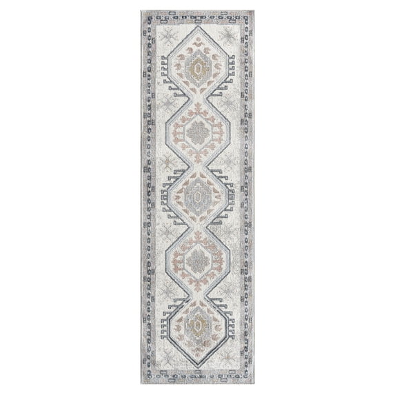 Everwash Treasure Saul Southwest Geometric Machine Washable Runner Area Rug, Grey/Navy Blue, 2'2"x7'2"