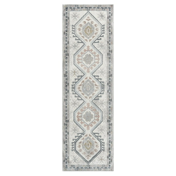Everwash Treasure Saul Southwest Geometric Machine Washable Runner Area Rug, Grey/Navy Blue, 2'2"x7'2"