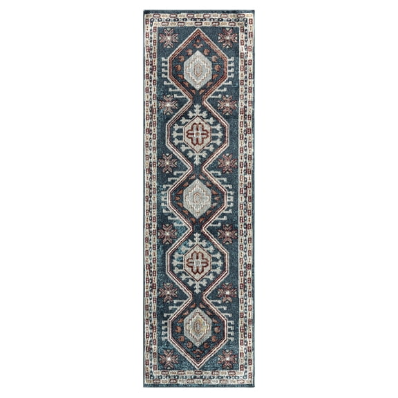 Everwash™ Treasure Saul Southwest Geometric Machine Washable Runner Area Rug, Navy Blue/Red, 2'2"x7'2"