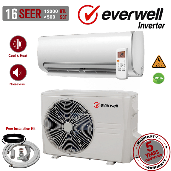 Everwell 12000 BTU 16 SEER 220V Ductless Mini Split Air Conditioner AC Heat Pump