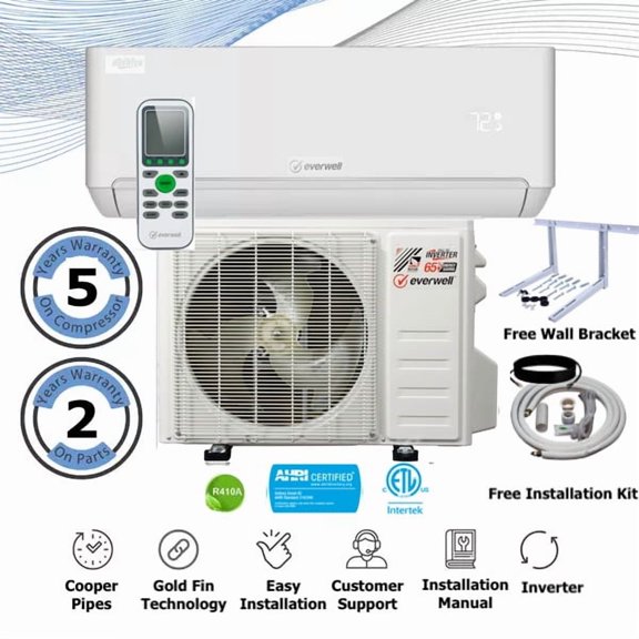 Everwell- 12000 BTU AC Mini Split 17 SEER2 Inverter AC Ductless Heat Pump 110V