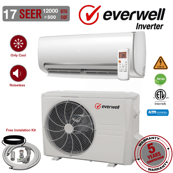 Everwell 12000 BTU AC Mini Split 17 SEER2 Inverter AC Ductless Only Cold System 110V
