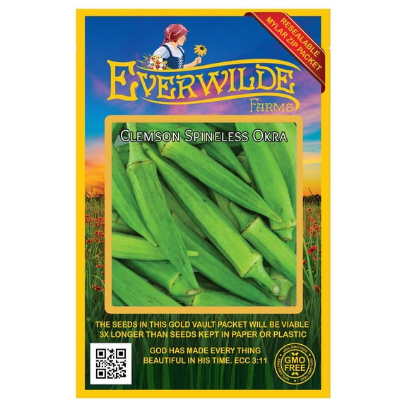 Everwilde Farms - 100 Clemson Spineless Okra Seeds - Gold Vault Jumbo Bulk Seed Packet