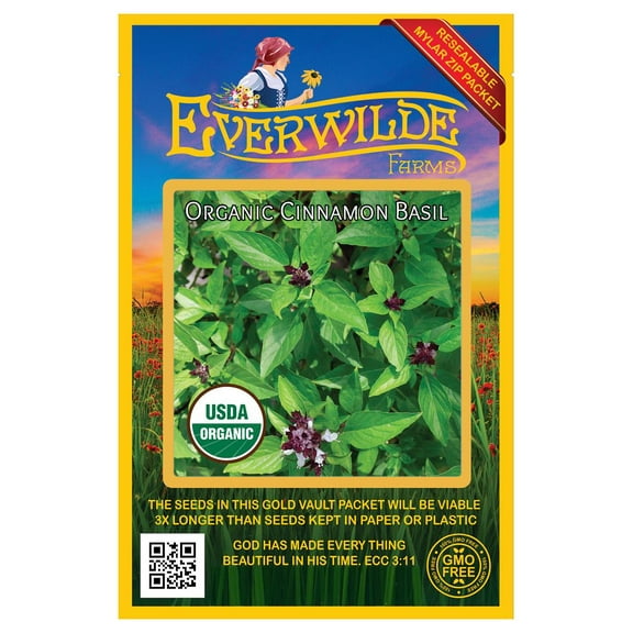Everwilde Farms - 1000 Organic Cinnamon Basil Herb Seeds - Gold Vault Jumbo Bulk Seed Packet