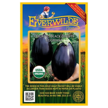 Everwilde Farms - 125 Organic Black Beauty Eggplant Seeds - Gold Vault Jumbo Bulk Seed Packet