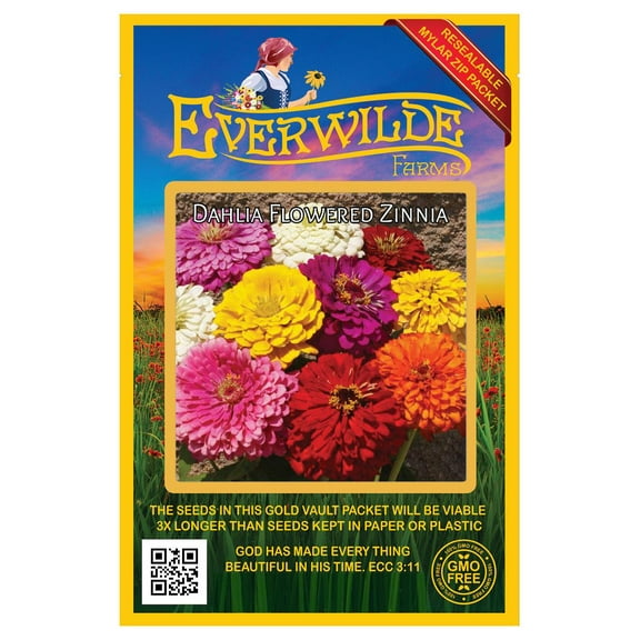 Everwilde Farms - 200 Dahlia Flowered Mixed Zinnia Garden Flower Seeds - Gold Vault Jumbo Bulk Seed Packet