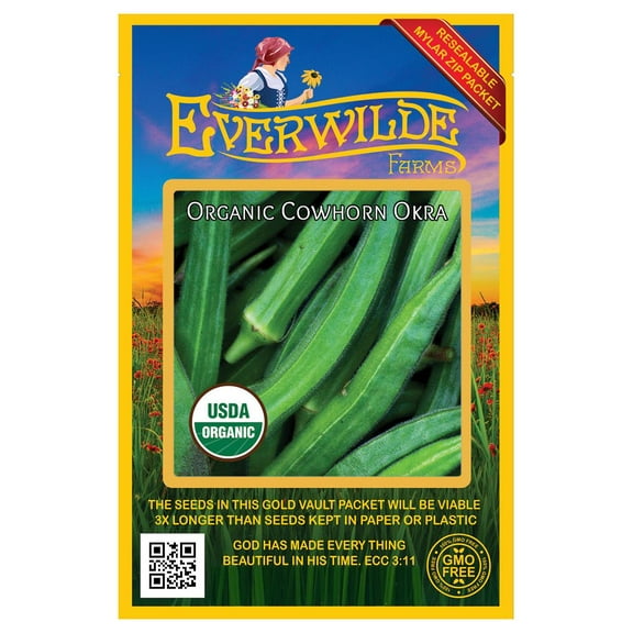 Everwilde Farms - 25 Organic Cowhorn Okra Seeds - Gold Vault Jumbo Bulk Seed Packet