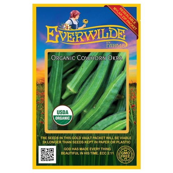 Everwilde Farms - 25 Organic Cowhorn Okra Seeds - Gold Vault Jumbo Bulk Seed Packet