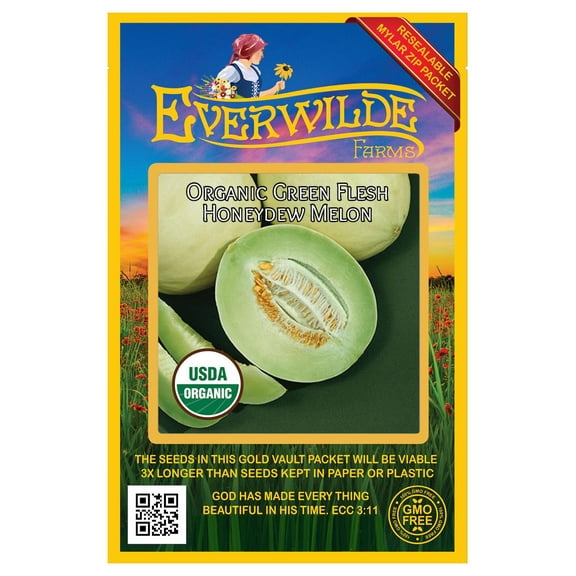 Everwilde Farms - 25 Organic Green Flesh Honeydew Melon Seeds - Gold Vault Jumbo Bulk Seed Packet