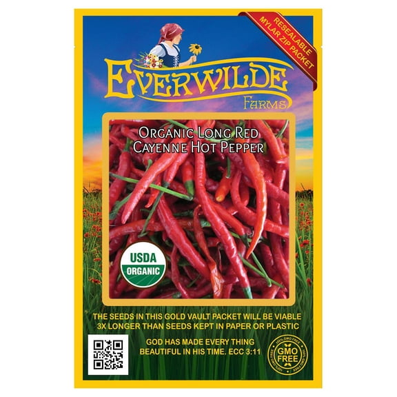 Everwilde Farms - 25 Organic Long Red Cayenne Hot Pepper Seeds - Gold Vault Jumbo Bulk Seed Packet