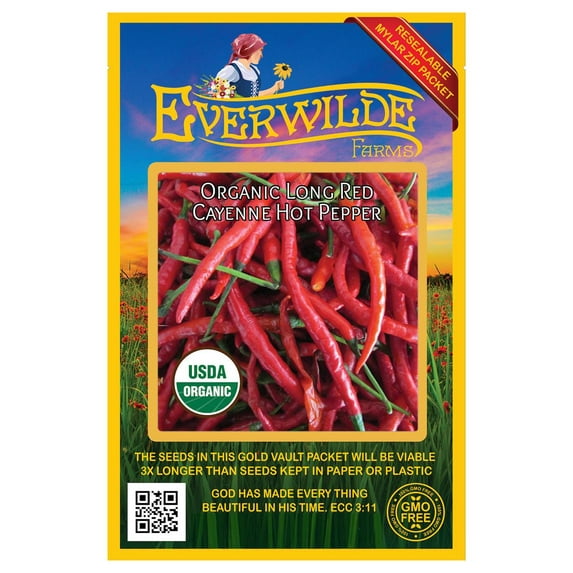 Everwilde Farms - 25 Organic Long Red Cayenne Hot Pepper Seeds - Gold Vault Jumbo Bulk Seed Packet