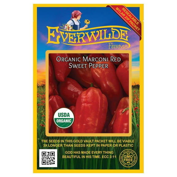 Everwilde Farms - 25 Organic Marconi Red Sweet Pepper Seeds - Gold Vault Jumbo Bulk Seed Packet