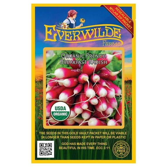 Everwilde Farms - 250 Organic French Breakfast Radish Seeds - Gold Vault Jumbo Bulk Seed Packet