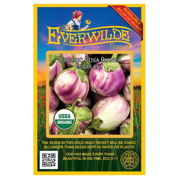 Everwilde Farms - 50 Organic Rosa Bianica Eggplant Seeds - Gold Vault Jumbo Bulk Seed Packet