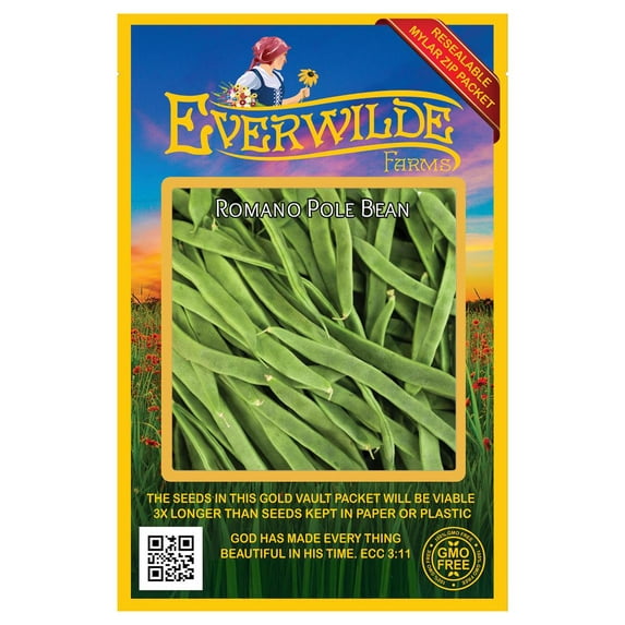 Everwilde Farms - 20 Romano Pole Bean Seeds - Gold Vault Seed Packet
