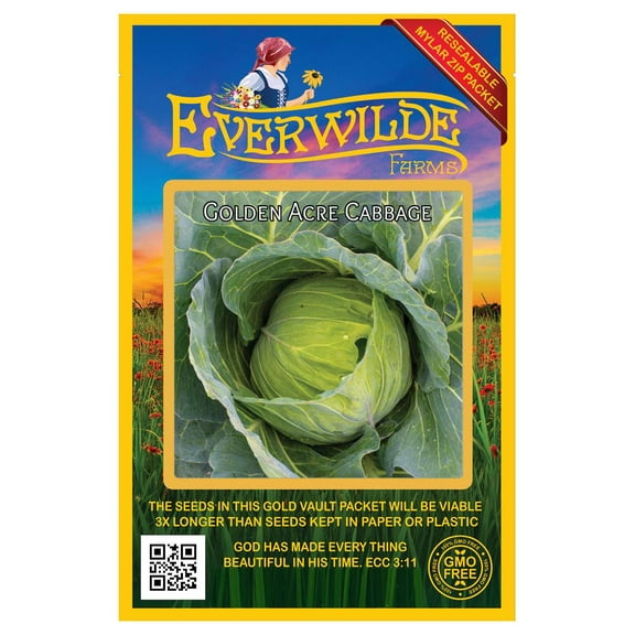 Everwilde Farms - 500 Golden Acre Cabbage Seeds - Gold Vault Jumbo Bulk Seed Packet