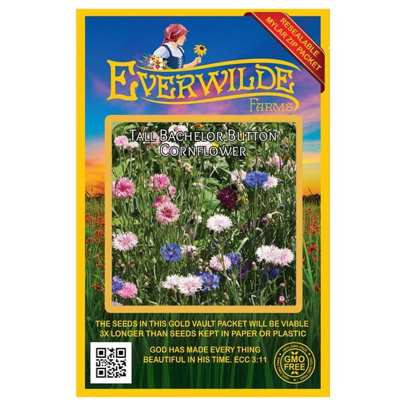 Everwilde Farms 500 Tall Mixed Bachelor Button Flower Seeds, Resealable Mylar Packaging