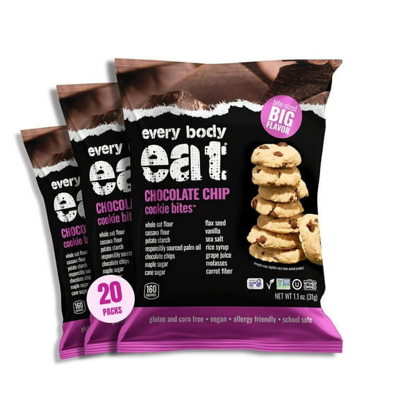 Every Body Eat Crunchy Cookie Bites, Chocolate Chip, Vegan, Gluten Free and Dairy Free (Pack of 20)