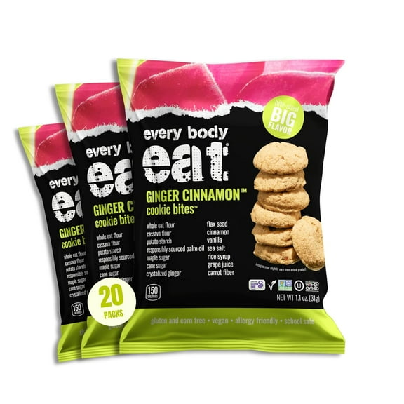 Every Body Eat Crunchy Cookie Bites, Ginger Cinnamon, Gluten & Dairy Free, Vegan, School Lunch Snacks, Single Serve (Pack of 20)