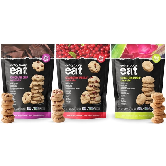 Every Body Eat Crunchy Cookie Bites Variety Pack, Gluten & Dairy Free, Vegan, School Lunch Snacks, Single Serve (Pack of 6)