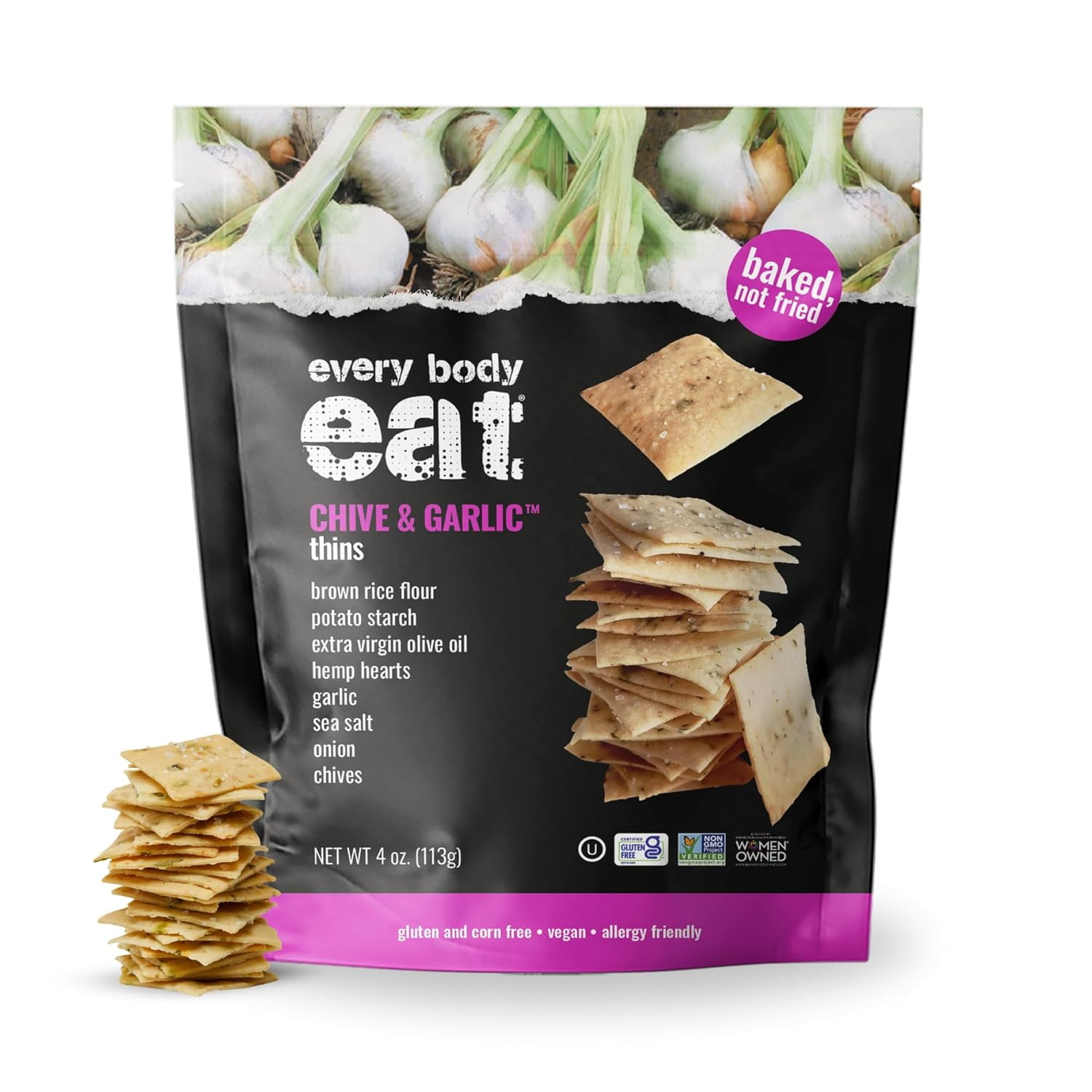 Every Body Eat Snack Thins, Chive and Garlic Flavor, Vegan, Gluten Free and Dairy Free (Pack of 6)