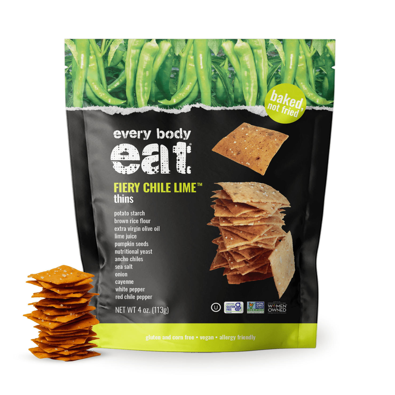 Every Body Eat Snack Thins, Fiery Chile Lime Flavor, Vegan, Gluten Free and Dairy Free (Pack of 2)