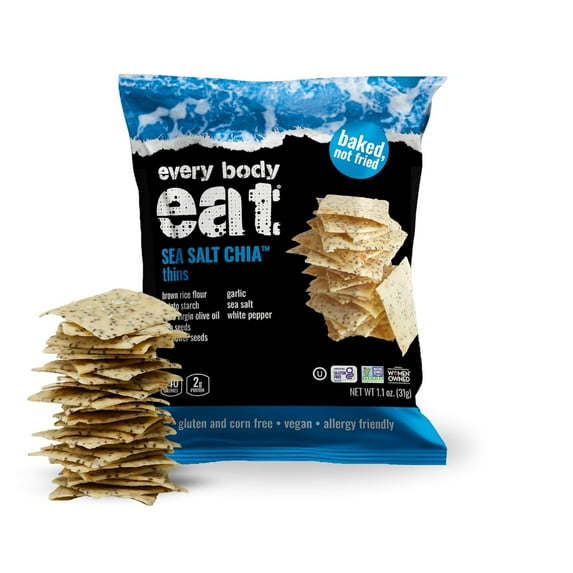 Every Body Eat Snack Thins, Sea Salt Chia, Gluten & Dairy Free, Vegan, School Lunch Snacks, Single Serve (Pack of 20)