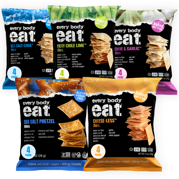 Every Body Eat Snack Thins and Pretzel Thins Variety Pack, Gluten & Dairy Free, Vegan, School Lunch Snacks, Single Serve (Pack of 20)