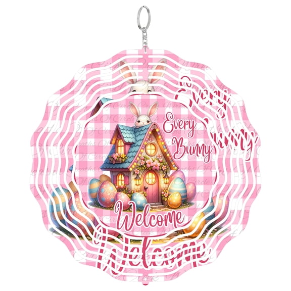 Every Bunny Welcome Pink Easter House 3D Wind Spinner Hanging, Round UV Printed Tinplate, Spring Festival Gift,