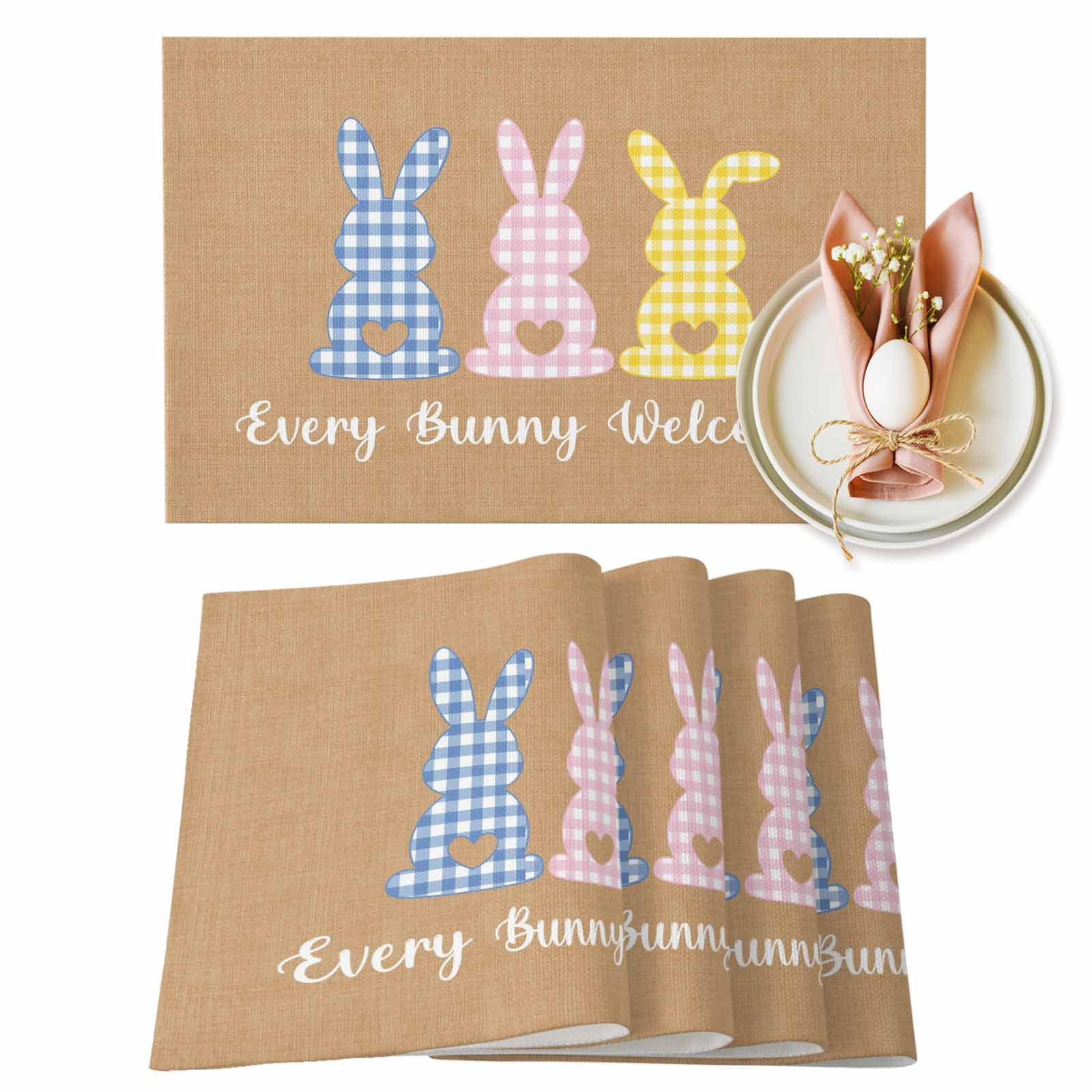 Pink Rabbit Mat Every Bunny Welcome Placemats Set of 8, Easter Blue Pink Yellow Plaid ...