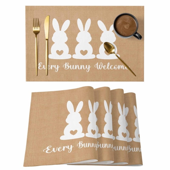 Every Bunny Welcome Placemats Set of 8 Easter Spring White Bunny Silhouette Linen Texture Heat Insulation Washable Place Mats, Non-Slip Table Mats for Dining Table Party Kitchen,13x19 Inch