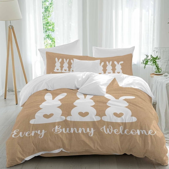Every Bunny Welcome Queen Size Comforter Set, Easter Spring White Bunny Silhouette Bedding for All Seasons, 4 Pcs Bed Set, 1Quiltcover (90"x92") ,1Sheet(94"x116"), 2Pillowcases (30"x20")