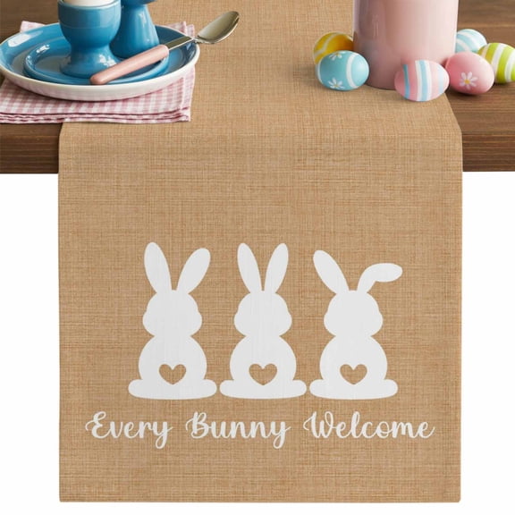 Every Bunny Welcome Table Runner, Easter Spring White Bunny Silhouette Linen Texture Cotton Linen Kitchen Table Decoration Washable Dining Tabletop Runners for Home Party Decor 13x36 Inches