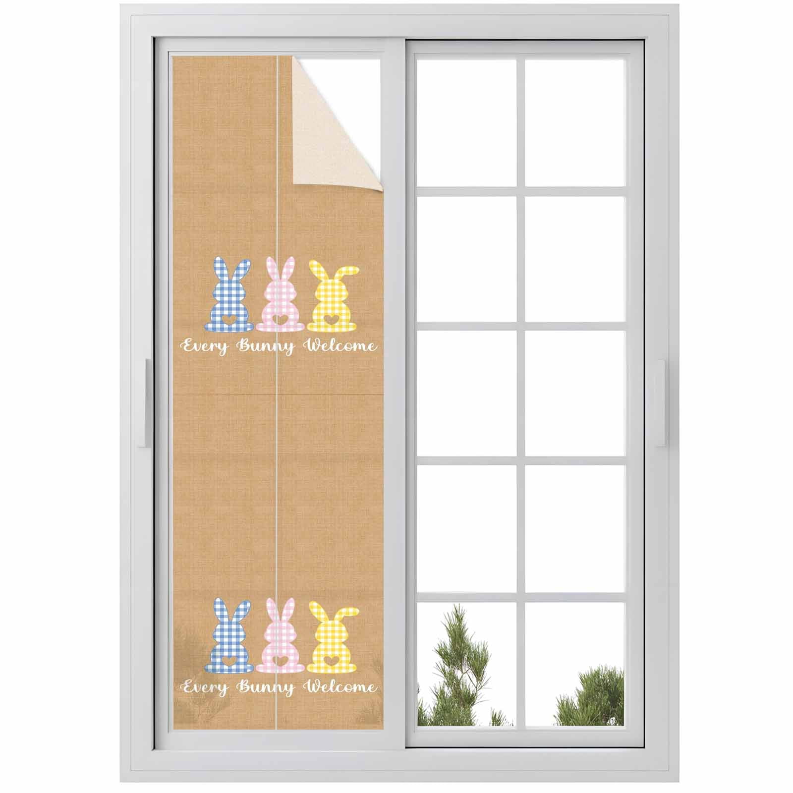 Every Bunny Welcome Window Privacy Film, Easter Blue Yellow Plaid Bunny Silhouette Linen Texture Frosted Glass Window Clings Static Cling Heat Blocking Reusable Sticker for Bedroom 17.7x78.7 Inch