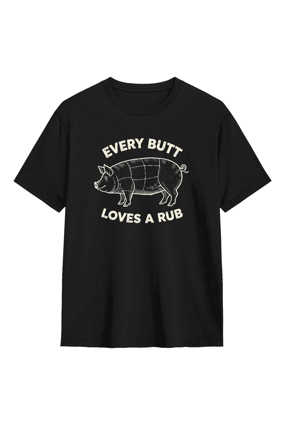 Every Butt Loves A Rub BBQ Pig Vintage Graphic Tee For Men, BBQ Fun Cotton Short Sleeves T-Shirt