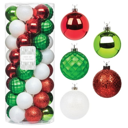 Every Day is Christmas 50ct 57mm/ 2.24' Christmas Ornaments, Shatterproof Christmas Tree Ornaments Set, Christmas Balls Decoration (Green, Red, White)