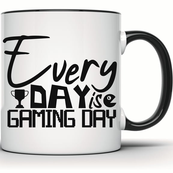 Every Day is Gaming Day Mug - Funny Gamer Gift with Retro Pixel Art - Perfect Coffee Mug for Him or Her - Video Game Lover's Quote - 11 Ounce Black Rim Handle Novelty Coffee Cup - WMUG1183-BLK
