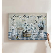 Every Day Is A Gift Blue Floral Hummingbird Canvas Wall Art, Farmhouse Positive Quote Decor, Rustic Vase & Tulip Artwork For Living Room, Bedroom, Kitchen, Ready To Hang