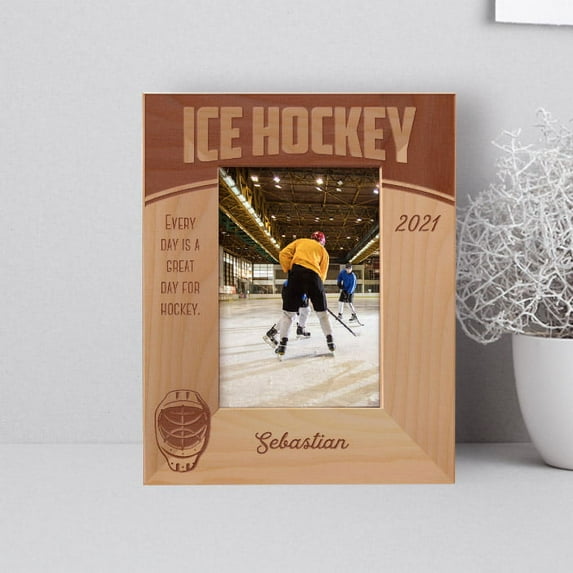 Every Day Is A Great Day For Hockey Personalized Wooden Frame 3 1/2" x 5" Brown (Vertical)