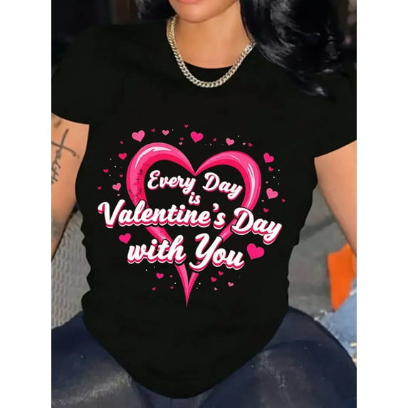 Every Day Is Valentine's Day Heart Print Women Short Sleeve Casual Tee Top